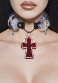 Vampy Wink Fur Cross Necklace – Gray