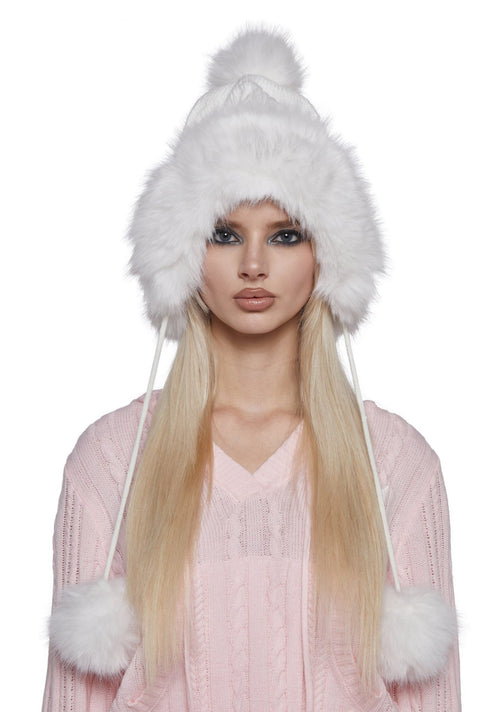 Bubble Pop Faux Fur Hat With Pom Poms – White