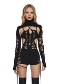 Chord Shredded Romper With Shrug – Black